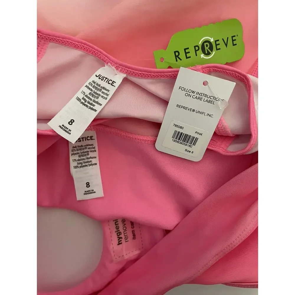 Justice Pink Cloud Ombré Raglan Rash Guard Bikini Swimsuit 2 Piece Set Size 8